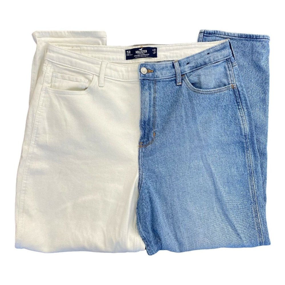 HOLISTER WOMANS SIZE 15 32X27 2 TONE DENIM JEANS WHITE BLUE ULTRA HIGH RISE MOM